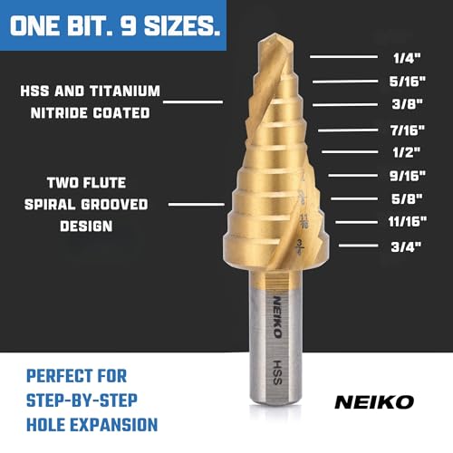 Image of NEIKO 10606A Step Drill Bit, 9 Steps 1 /4 inch to 3 /4 inch Spiral High Speed Steel, Titanium Nitride Coated, 3 /8 inch Tri Flat Step Bits for Steel, Metal, Wood, Plastic, Unibit Cone Drill Bits, Two Flute