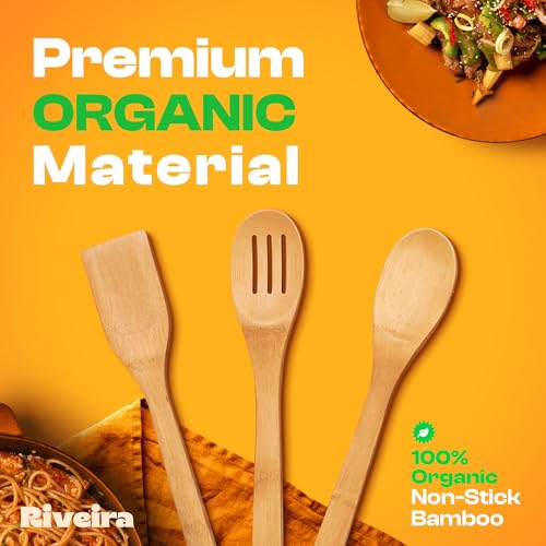 Riveira Bamboo Wooden Spoons for Cooking 3-Piece, Apartment Essentials Wood Spatula Spoon Nonstick Kitchen Utensil Set Premium Quality Housewarming Gifts for Everyday Use