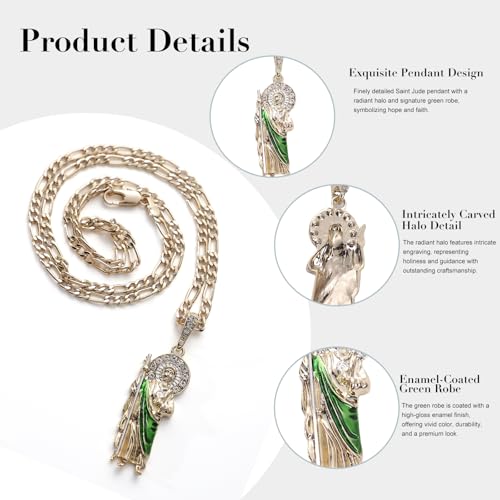 Gold Plated Green Saint Jude Pendant Necklace Figaro 24" San Judas Tadeo Medalla Cadena Oro Laminado4