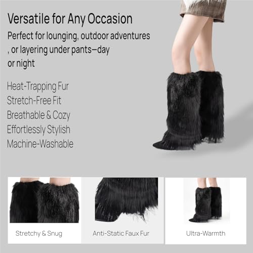 Women's Fur Leg Warmers Faux Fur Fluffy Leg Warmers Soft Boot Cuffs Cover for Halloween, Christmas, Mardi Gras, Black3