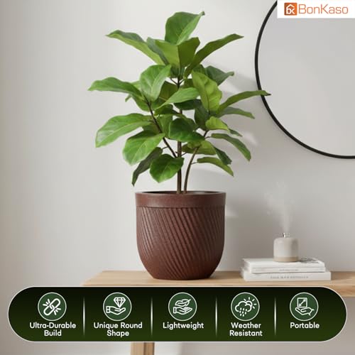 Image of Bonkaso 12 Inch Seltos Ribbed Planter for Indoor & Outdoor Use | Round Heavy Duty Polymer Flower Pot | Lightweight Weather Resistant Modern Gamla for Living Room Balcony & Terrace (Brown)