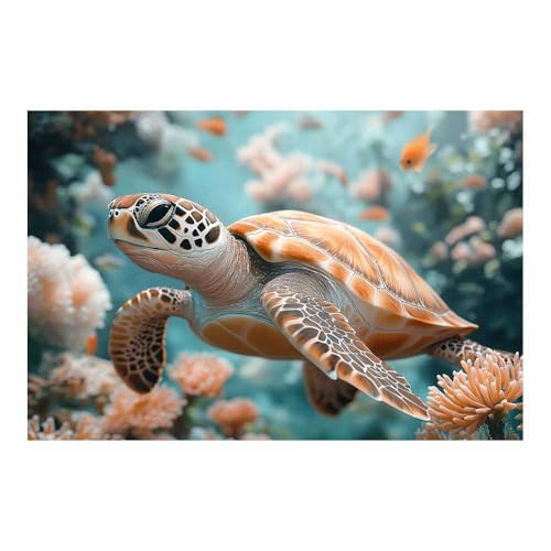 Poster tortue marine déco récif corallien orange et blanc grand format 70x100cm pour grand salon