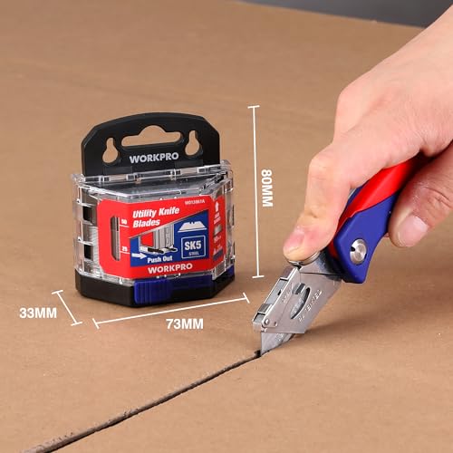 image for WORKPRO 50-Pack Utility Knife Blades with Dispenser, SK5 Steel Box Cut