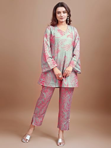 Womanista Women's Cotton Blend Dusty Green Colour Hakoba Printed Tunic With Trouser Cord Set(Co-Ords_9094_Small), Grey