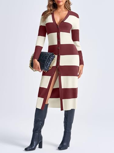 Image of Saodimallsu Womens Striped Sweater Dress Button V Neck Long Sleeve Knit Fall Trendy Bodycon Midi Dresses Cardigans