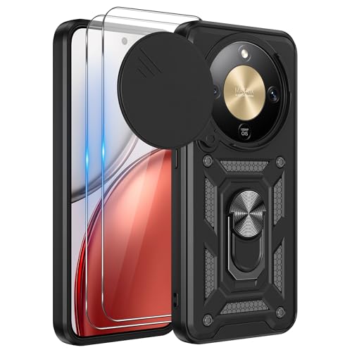iCatchy Case for Honor Magic 8 Lite With 2 Screen Protector Sliding Camera Cover Shockproof Heavy-duty Military Rugged Ring Holder Kickstand for Honor Magic 8 Lite Phone (Black)