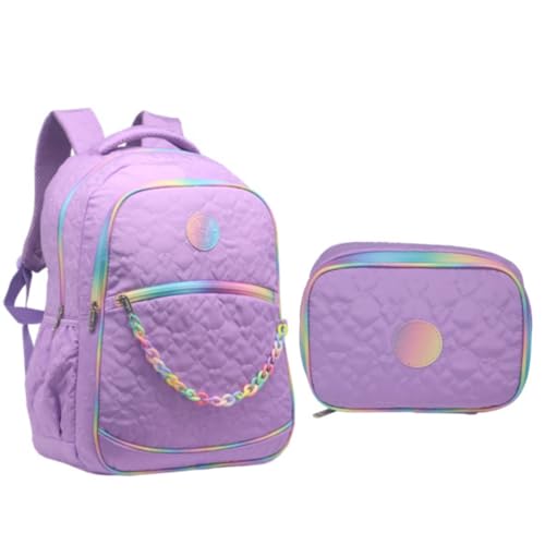 Mochila De Costas Escolar Juvenil 18” Com Estojo Estampa Coração Feminina (LILÁS)