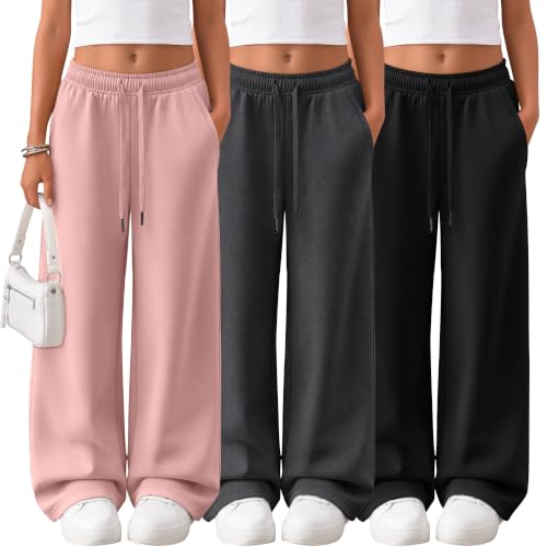 LessonZoo 3Pcs Girls Wide Leg Sweatpants with Pockets...