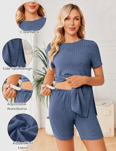 Image of Ekouaer Maternity Sets 2 Piece Outfits Ribbed Knit Short Sleeve Shirts and Biker Shorts Pregnancy Loungewear Mama Clothes