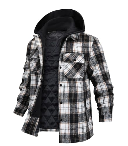 Image of FTIMILD Men's Flannel Jackets Quilted Lined Shirt Plaid Cotton Soft Warm Coat for Men with Detachable Hood