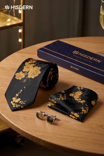 Image of HISDERN Ties for Men Paisley Tie and Pocket Square Cufflinks Set Formal Classic Floral Necktie Handkerchief Wedding Party