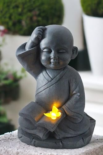 Arnusa Solarleuchte Mönch Solarlampe Gartenfigur 41x30x24 cm Buddha mit Buch Figur Gartenstatue 4 kg
