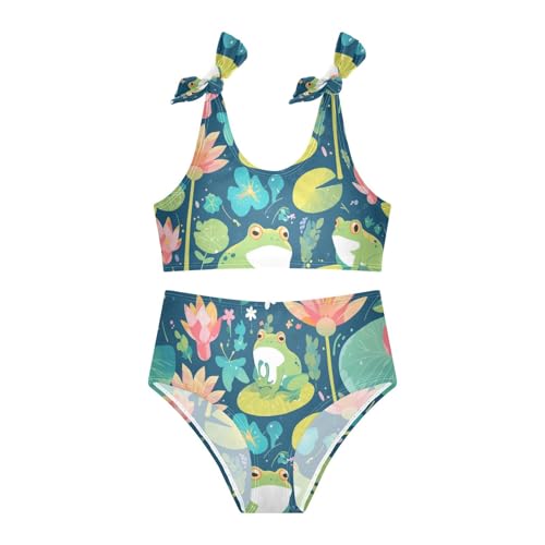 KLL Cute Cartoon Frog Animal Sitting Flower Leaf Girls' Two Piece Bikini Sets Scoop Neck Swimsuit Swimming Suits Adjustable3