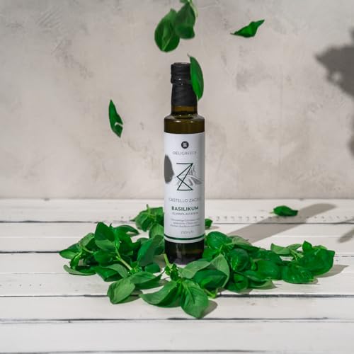 DELIGREECE - Castello Zacro Basilikum-Olivenöl | Kaltgepresstes Olivenöl mit frischem Basilikum. Fruchtiges Basilikum Öl aus Kreta, ideal für Salate, Pasta & kalte Küche | 250ml