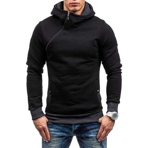 Men's Diagonal Zipper Hoodie Heavyweight Fleece Sweatshirts With Hood Long Sleeve Male Cotton Hoodie