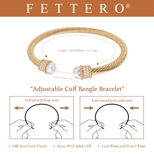 Image of Fettero Gold Cuff Bangle Bracelets for Women - 14K Plated Adjustable Open Cuff Gold Bangles Charm Elegant Twisted Cable Bangle Friendship Bracelets Lightweight Bracelet for Dainty Jewelry