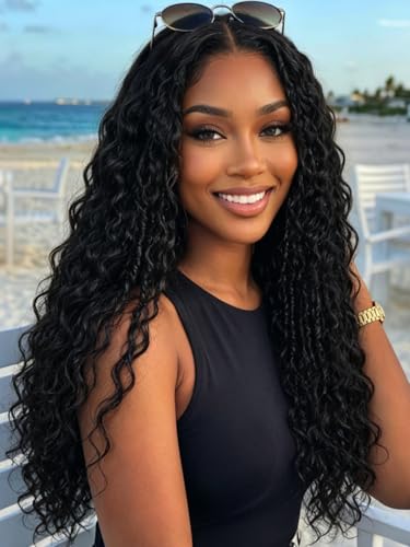Image of KLAIYI Bye Bye Slip Precut 7x5Glueless Water Wave with Burmese Curls Mix Twist Finger Colis HD Lace Front Human Hair Wig Drawstring Pre Plucked Bleached Knots 30S Ready to Wear and Go Wig 150% 24Inch