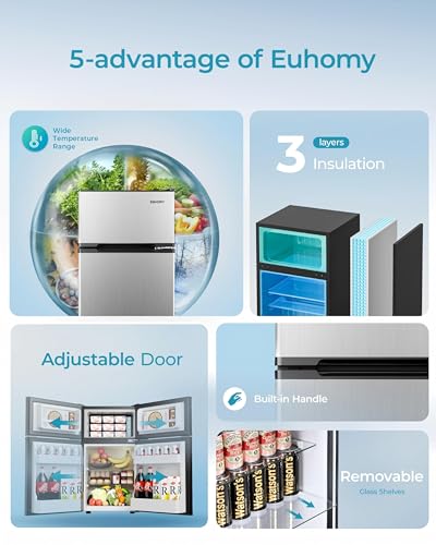 EUHOMY Mini Fridge with Freezer, 3.2 Cu.Ft Mini Refrigerator fridge, 2 door For Bedroom/Dorm/Office/Apartment - Food Storage or Cooling drinks, Silver