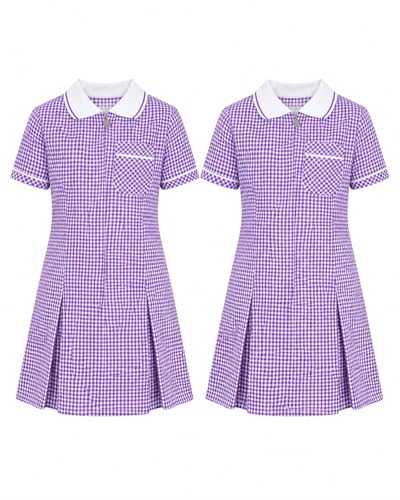 Image of INSAFIANS Girls 2 Pack Gingham School Uniform Dress Pleated Short Sleeve Summer Dress with Scrunchie (Purple 9-10 Years)