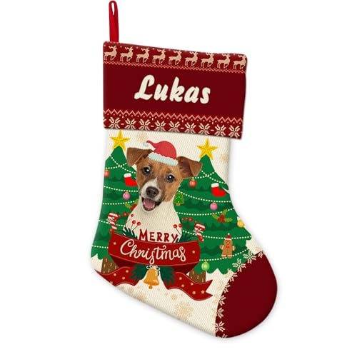 GABSHAIM Xmas Stockings Jack Russell Terrier Puppy Dog with Christmas Tree Decor Personalized Linen Jingle Bell Stocking Merry Christmas for Holiday Xmas Party Decoration 14.4 Inch Style 1