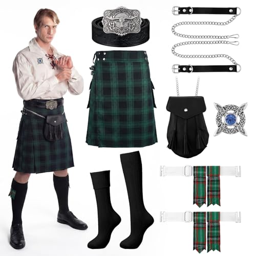 Shihanee 6 Pcs Kilt for Men Traditional Highland Games Tartan Scottish Kilt Set with Flashes Pouch Socks Brooch Costume(XL)
