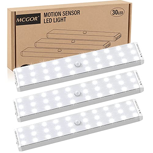 LED Closet Light, MCGOR 3 Modes 30 LED Motion Sensor Under Cabinet Lights, Wireless Rechargeable Stick-on Anywhere Night Light Bar for Kitchen Counter Wardrobe Hallway Stairs (3 Pack)