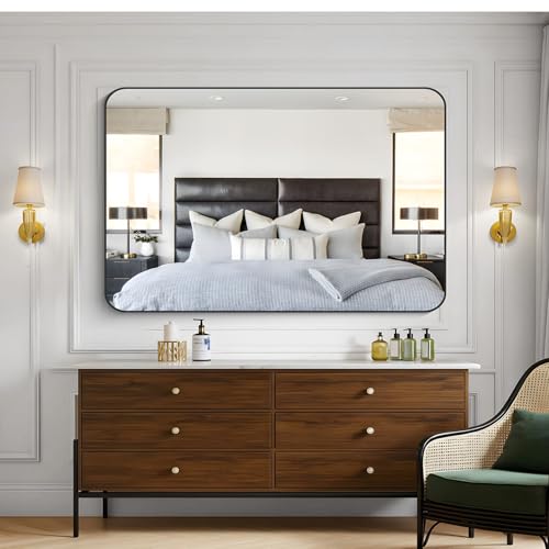 Image of KOCUUY 55x36 Black Bathroom Mirror, Large Matte Black Vanity Mirror, Tempered Glass Mirror for Bathroom Wall, Black Rounded Rectangle Mirror Modern Decor for Bedroom, Living Room, Farmhouse, Entryway