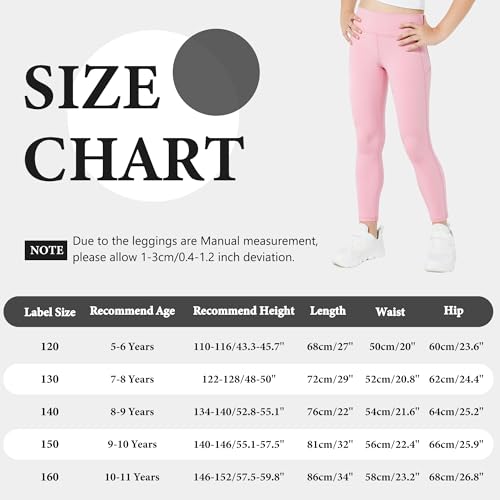 JinBei Sporthose Mädchen Leggings mit 2 Taschen Sportleggings Hohe Taille Elastisch Sportkleidung Kinder Atmungsaktive Lang Gymnastikhose Jogging Training Hose für 7-8 Jahre, GR.122-128, Rosa