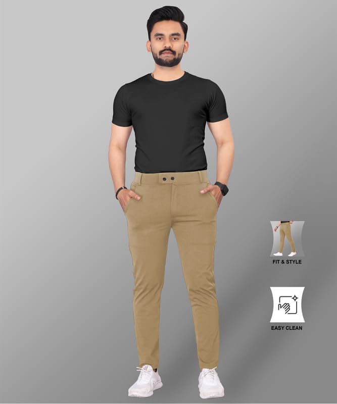 Image of COMBRAIDED Men's Slim Fit Stretchable Casual Trousers | Stylish Lycra Blend Pants for Office, Party