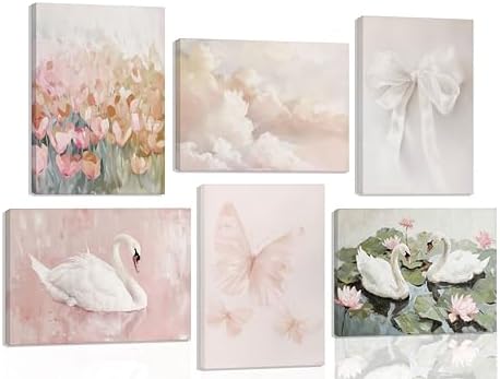 Amazon.com: 6Pcs Coquette Wall Art Pastel Pink Trendy Canvas Bow ...