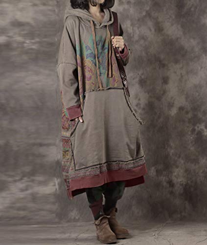 Yesno Jfd Women Long Casual Hooded Sweatshirt Dress Ethnic Floral Print Color Block Hemline/Kangaroo Pocket (Jfd Khaki, One_Size) #TOP5