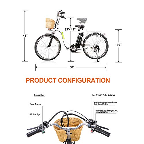 Trekpower 26" 250W Rear Hub Motor Electric Bicyclefor Male And Female, Shimano 6 Speed Gears Ebike With Removable 36V10Ah Lithium Battery (Black/White) (White) #TOP6
