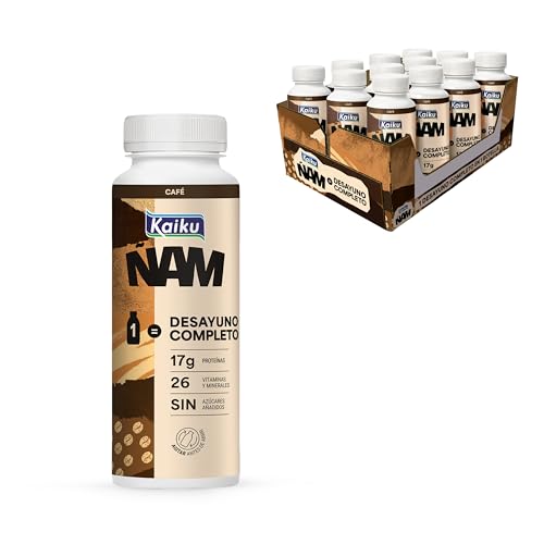 KAIKU ÑAM - Desayuno Pack 12 x 250 ml, Sabor Café, Bebida Lista para Tomar, 17 g de Proteína, 26 Vitaminas y Minerales, sin Azúcares Añadidos, sin Gluten, Bajo en Grasas, Desayuno Completo