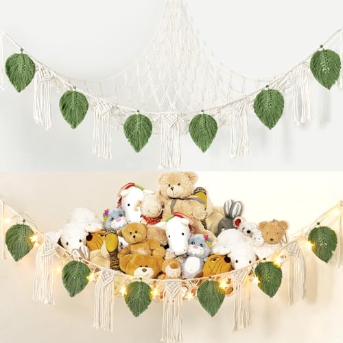 Image of Dremisland Stuffed Animal Toy Net Hammock with Star Light Boho Leaf Macrame Tassel Corner Toy Organizer Bohemian Woven Decor Display Holder for Girls Room Nursery Kids Bedroom Play Room Decor (Green)