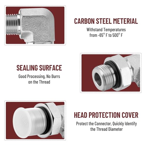 Image of 5 Pack 90 Degree Elbow Hydraulic Adapter Fittings: 3 /8 inch JIC 37 Male x #8 SAE /ORB Male, Hydraulic End Connectors with Protection Cover - 6801-06-08