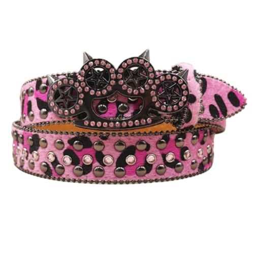 Women Leopard Print Pattern Western Belt Strap for Women Men,Shining Cat's Claw Hollow Rhinestones Studded Buckle(125cm/49, Pink)