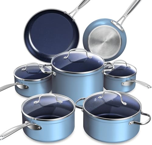 Nuwave Healthy Duralon Blue Ceramic Nonstick Cookware Set, Diamond Infused Scratch-Resistant, PFAS Free, Dishwasher & Oven Safe, Induction Ready & Evenly Heats, Tempered Glass Lids & Stay-Cool Handles