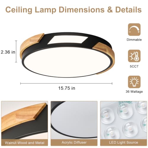 Image of Modern LED Ceiling Light, Wood Dimmable Flush Mount Ceiling Light Fixture