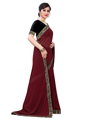 Image of AKHILAM Women's Lace Border Solid Georgette Saree with Unstitched Blouse Piece(CRNTON570 Parent)