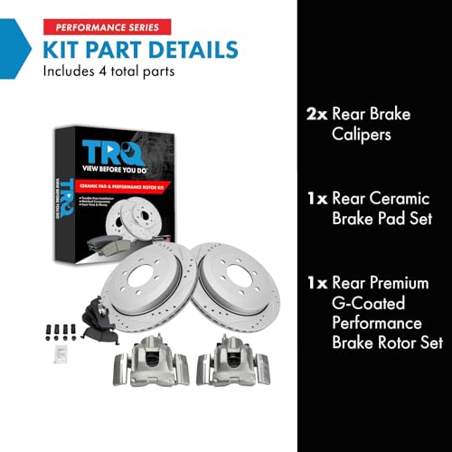 Image of TRQ Rear Performance Brake Pad, Caliper, & Rotor Kit Ceramic Vented Premium G-Coated Compatible with 2007-2017 Ford Expedition Lincoln Navigator
