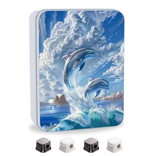 Image of Metal Tin Box with Lid,Multi-functional Storage Large Box Can Store Tea Biscuits Game Cards, Playing & Tarot Cards-Comes with 4 Magnetic Cord Clips,Cute Dolphins