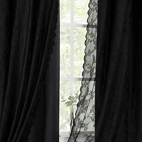 Mix & Match Curtains For Living Room 2 Black 100% Blackout Window Curtains And 2 Rose Floral Black Lace Sheer Curtains For Living Room Kids Girls Bedroom, 52" W X 63"L, Grommet, Set Of 4 Panels #TOP5
