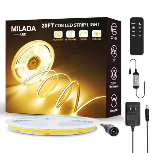 Image of 20FT /6M COB LED Strip Light 3000K Warm White High Lumen Dimmable Strip Paired with RF Remote 24V Ul Certified Adapter Suitable for Bedroom Cabinets