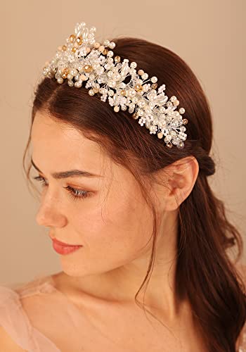 Kercisbeauty Handmade Beaded Silver Hair Tiara for Women Wedding Bridal Hair Accessories Pearl Crystal Hair Jewelry for Prom Banquet Party - Image 3