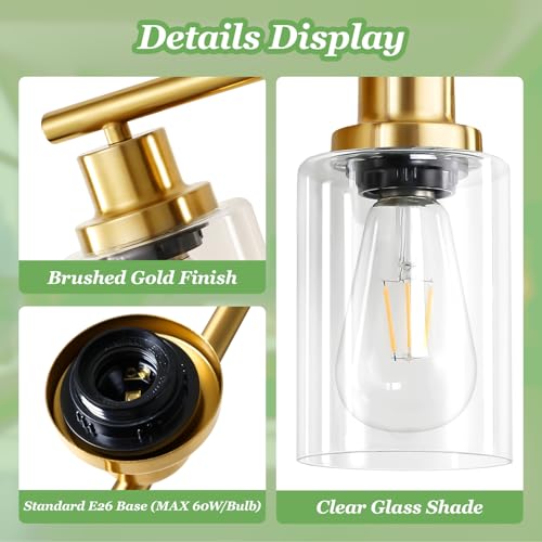 Image of 5-Light Bathroom Vanity Lights, E26 Modern Brushed Gold Bathroom Light Fixtures with Clear Glass Shade, Mirror Kitchen Hallway Cabinet Living Room Sconces Wall Lights