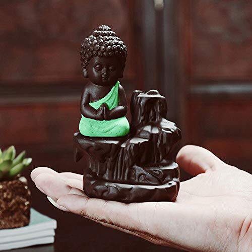 Image of CRAFTAM Meditating Monk Buddha Smoke Backflow Fountain Cone Incense Holder Decorative Showpiece with Free 10 Smoke Backflow Scented Cone Incense (Green)