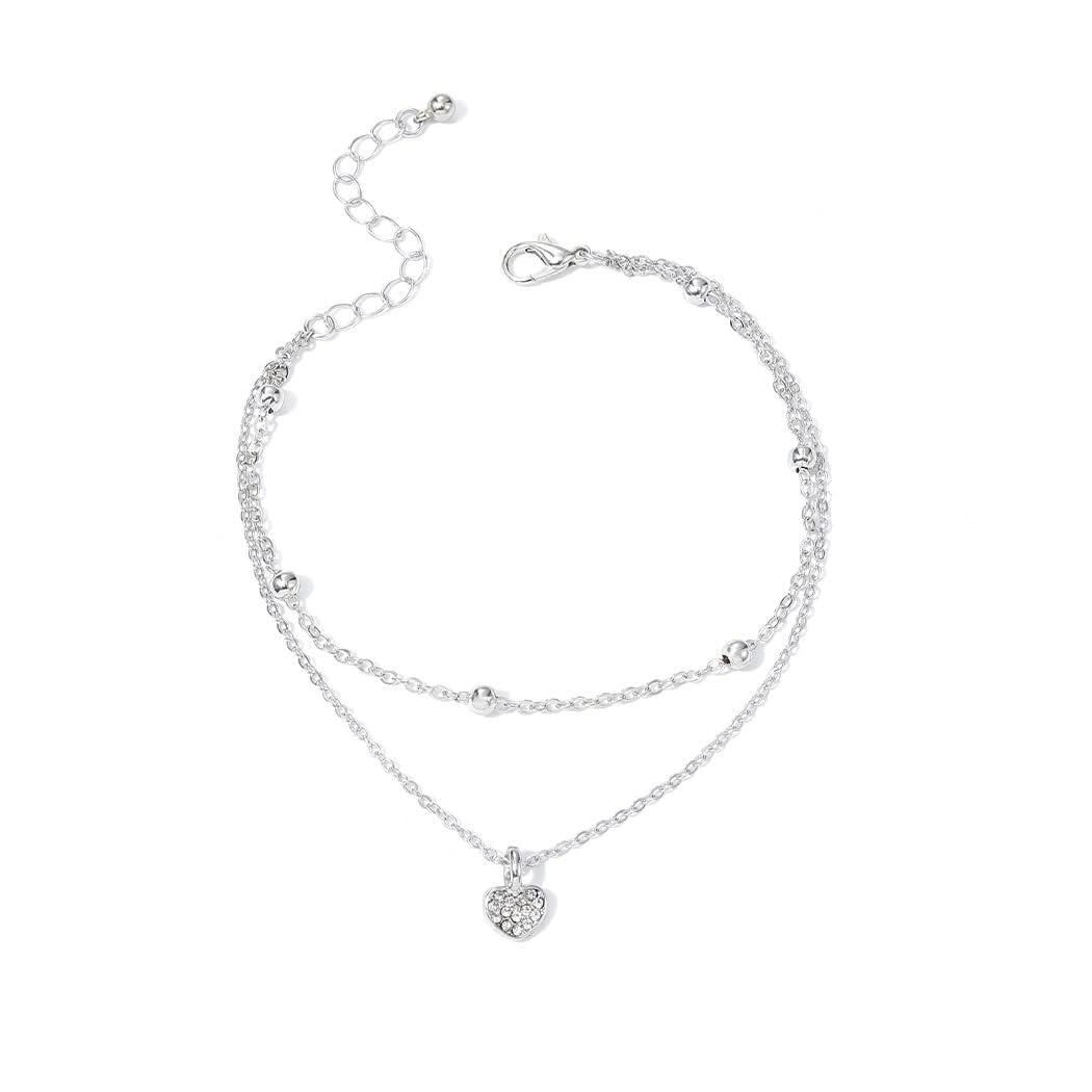 KFRS Double Anklet Silver Heart Ankle Bracelets Layered Love Beads Foot Chain Jewelry for Women and Girls
