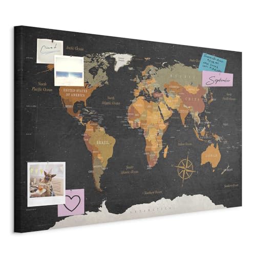 murando - Tableau à Épingles et Peinture sur Toile Combinés 90x60 cm - Avec Crochets Clous et Punaises Argentées - Panneau en Fibres pour Notes et Affichage - Carte du monde k-C-0048-v-a