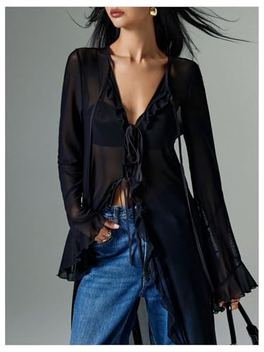 Verdusa Women's Goth Tops Y2K Mesh Tie Front Tops Bell Sleeve Tops Long Shirt 2000s Clothing4