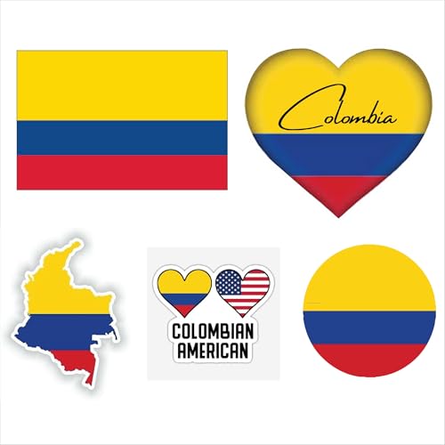 Image of Set of 5 National Flag Themed Sticker Decal of Flag, Country Map, Circular Shape, Heart Shape and with USA Flag for Car, Phone, Laptop, Mug, Bottle, Textbooks (Colombia)